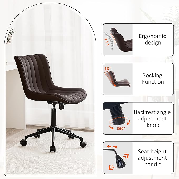 Kidol & Shellder Brown Leather Home Office Desk Chair with Wheels Modern Cute Armless Executive Swivel Vanity Chair with Comfy Padded Back Ergonomic Rolling Adjustable Computer Task Chair Small