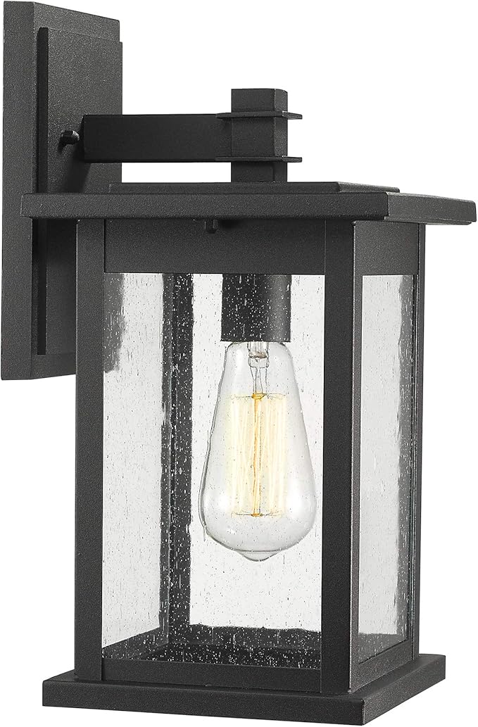 Emliviar Outside Lights for House, 1-Light Outdoor Wall Lantern 14", Black Finish with Seeded Glass, 1803EW2