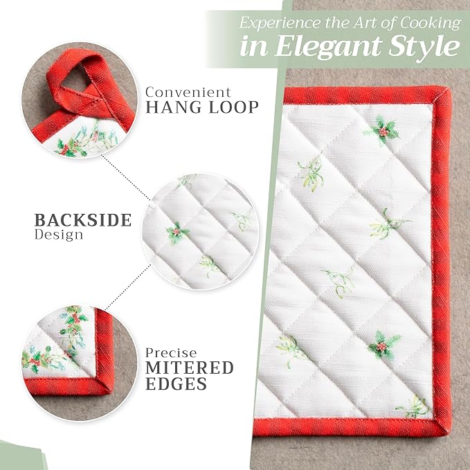 Maison d' Hermine Pot Holders 100% Cotton Heat Resistant Potholders 8" x 8" Hot Pads with Loop for Thanksgiving Christmas Decorations BBQ Cooking Handling Hot Pans (Pack of 1, Christmas Tradition)