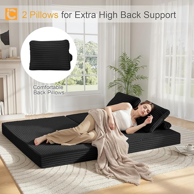 COMAX Convertible Sofa Bed, Folding Floor Couch Corduroy Fold Out Couch Bed Futon Sleeper Mattress with Pillows, Boneless Sofa Comfy Lounge Loveseat for Living Room Bedroom, Plush Black