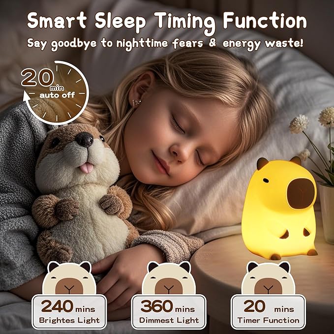 Cute Capybara Night Light, LED Squishy Novelty Animal Night Lamp,Dimmable/Timer Nursery Nightlight for Kids, Rechargeable Touch Bedside Lamp, Bedroom/Dorm Decor, Baby Boys Girls Christmas Gift