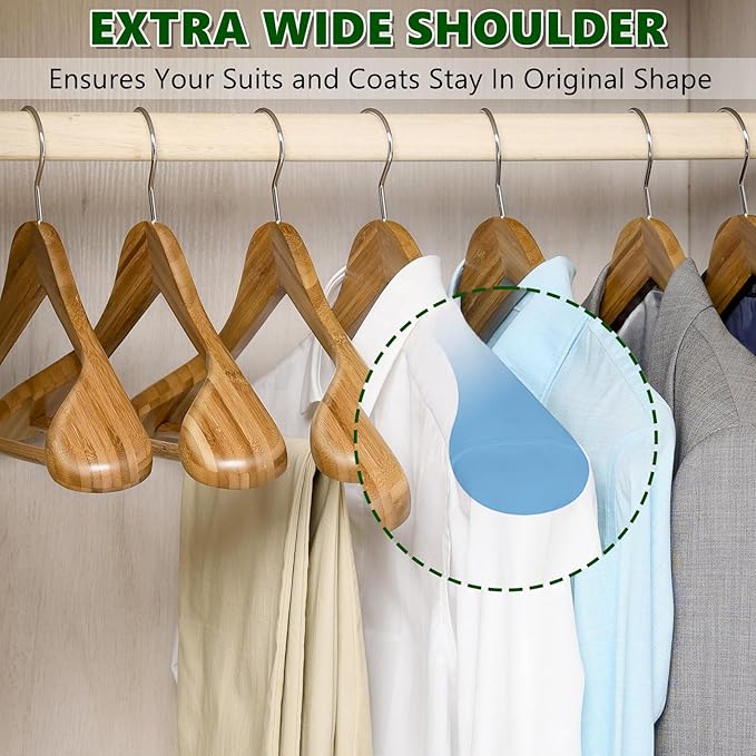 Amber Home 6 Pack Natural Wide Shoulder Bamboo Wooden Suit Coat Hangers, Bamboo Clothes Hangers with Pants Bar, Heavy Duty Bamboo Jacket Hangers for Dress, Pants, Heavy Clothes