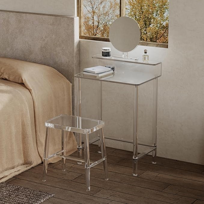 Eglaf Acrylic Small Vanity with Mirror - 23.6'' L x 15.8'' W x 33.9'' H - Modern Makeup Vanity Desk for Small Spaces - Clear Makeup Table Dressing Table, for Bedroom, Cloakroom