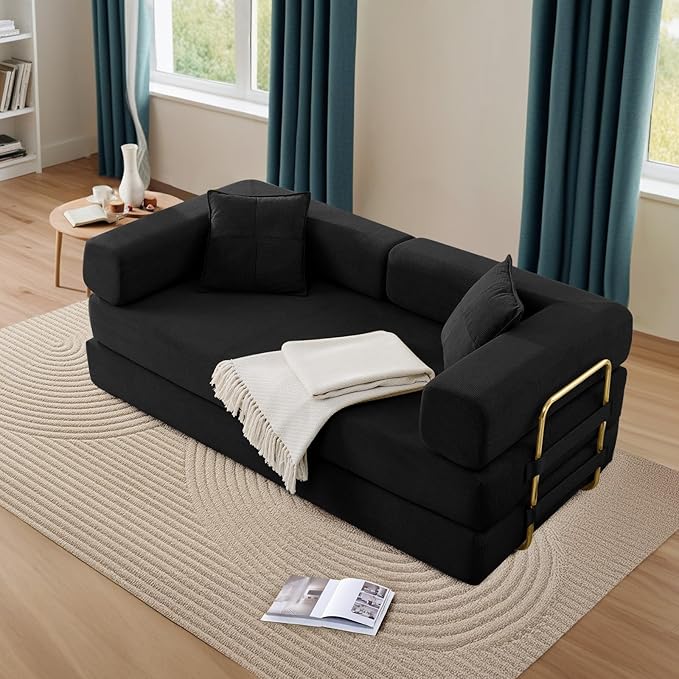 Antetek Convertible Futon Sofa Bed, 3-Seater Modern Corduroy Foam Floor King Size Bed Fold Out Sleeper Lounge Loveseat Sofa Couch with 2 Throw Pillows for Living Room Bedroom Guest Room, Black
