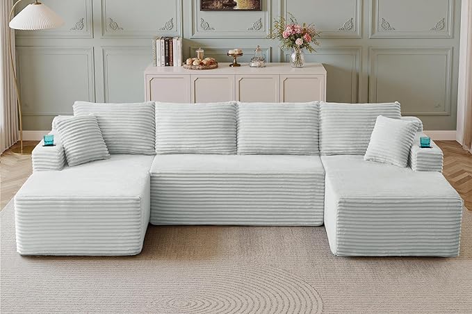 133" Couches for Living Room Deep-Seat Sectional Couch for Living Room Corduroy Boneless Couchs U-Shape Cloud Couch Flexible Modular Sectional Sofa with Chaise Lounge (Light Gray, with Cup Holder)
