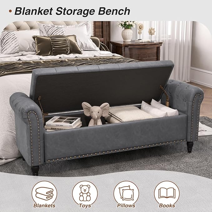 65 Inch Bedroom Bench, End of Bed Bench with Storage, Bed Benches for Foot of Bed, Faux Leather Window Bench with Tufted Button and Nailhead Trim, Upholstered Storage Bench with Rolled Arms, Gray