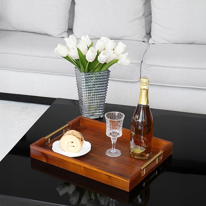 Premium Acacia Wood Ottoman Tray, 17x13 inches Large Serving Tray, Decorative Coffee Table Tray with Metal Handles, Ideal for Breakfast in Bed, Appetizers, Kitchen & Living Room Decor