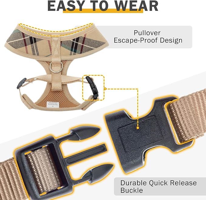 SCENEREAL Puppy Dog Harness with Leash Set for Small Medium Sized Dogs, Soft Mesh Step in Pet Harnesses and Leash, No Chock Plaid Adjustible No Pull Vest for Dogs Cats, Chihuahua,Bulldog (Beige S)