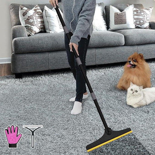 B-Land Carpet Rake for Pet Hair Removal, Reusable Pet Hair Remover with 60” Adjustable Long Handle, Carpet Scraper Dog Cat Hair Remover Tool for Rugs, Mats, Couch, Furniture-Black Pole