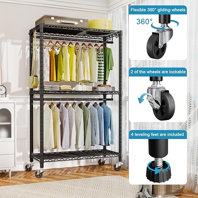 FUTASSI P3 Rolling Clothes Rack, Clothing Racks for Hanging Clothes, Heavy Duty Garment Rack with Wheels, Freestanding Portable Closet Organizer 39.4''W x 14''D x 78.5''H, Max Load 464 LBS, Black