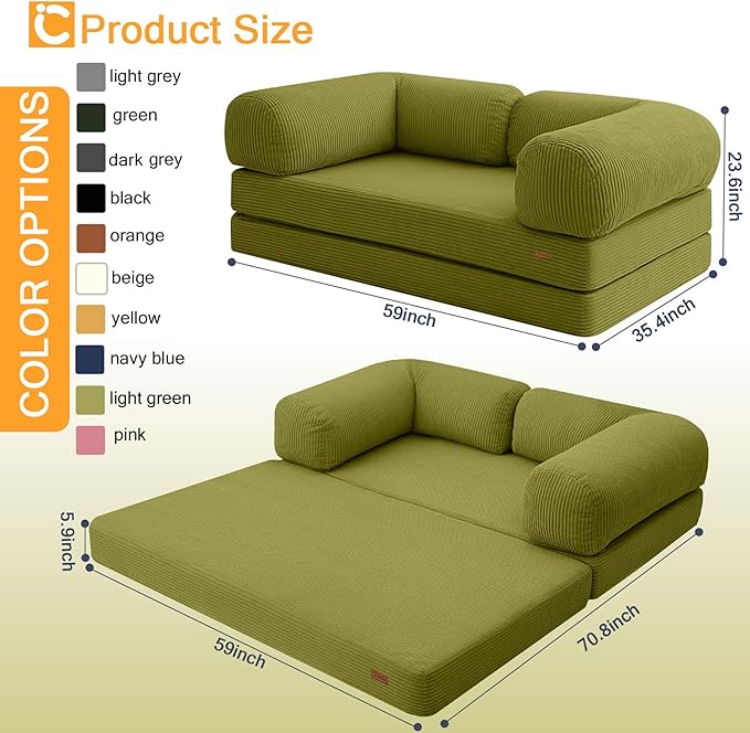 COMAX Folding Sofa Bed Queen, 4-in-1 Convertible Foldable Floor Couch Futon Sofa with Armrests, Sleeper Mattress Fold Out Chair Bed Comfy Portable Lounge Guest for Living Room Bedroom, Light Green