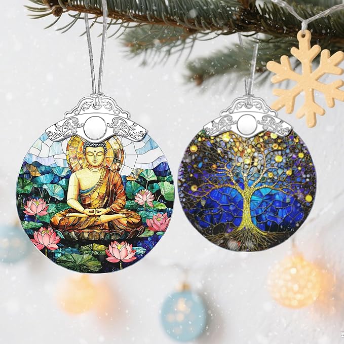 Stained Glass Ornament, Buddha Christmas Ornaments, Christmas Tree Ornaments, Holiday Ornament; Spiritual Decor for Yoga, Wellness Spaces & Relaxation; Gifts for Buddhists & Spiritual Gifts