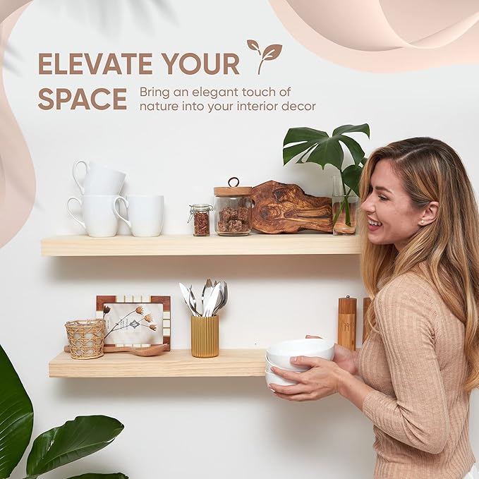 Homeforia 36 inch Wood Floating Shelves, High End Solid Natural Wood 36inch Large Floating Shelf Bathroom, Unfinished Wooden Floating Shelves for Wall, Heavy Duty Bracket, 36 X 6.5 X 1.75 in, Set of 3