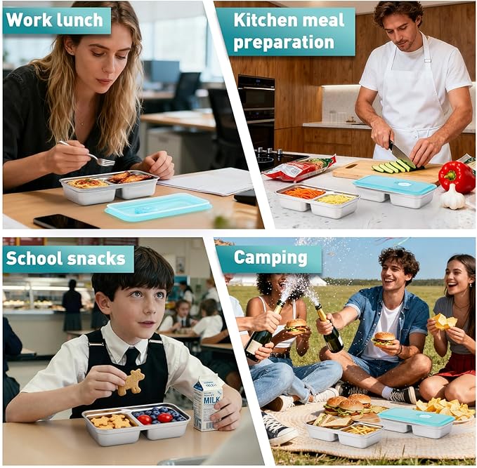 Stainless Steel Snack Containers,Food Storage,2 Compartment,Condiment Containers with Lids,Snack Containers 1 PCS