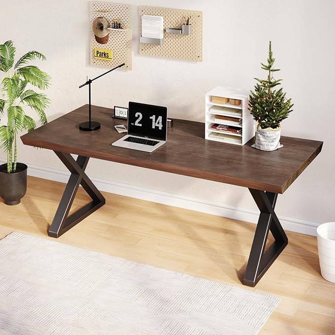 Solid Wood Rustic Style 55.1-inch Computer Desk - Large Office Desk for Home Office, Modern and Simple Design, Ideal for Dining,Study, Writing