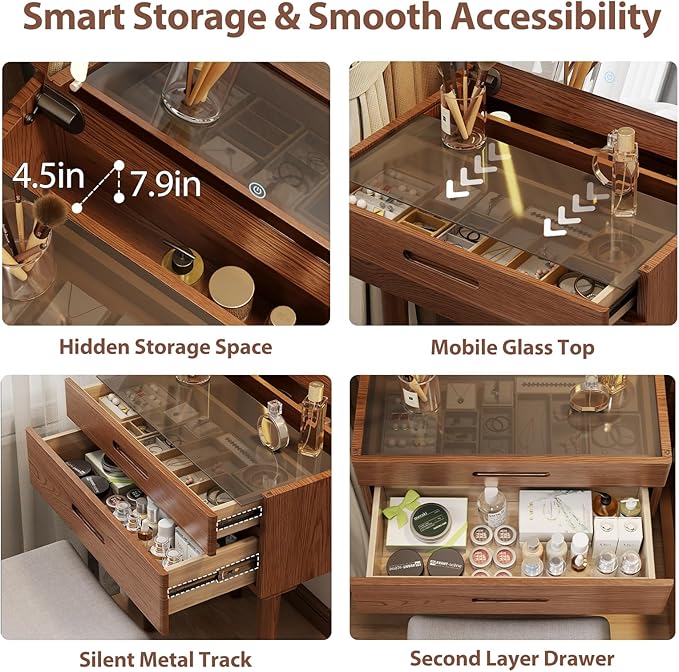 Solid Wood Small Vanity Desk with Mirror and Lights, Narrow Makeup Vanity for Small Space, Flip Top Vanity Side Table, 3 Color Modes & Adjustable Brightness, 23.6" Slim Dressing Table, Walnut