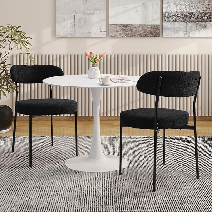 SoarFlash Kitchen Table and Chairs for 2, 31.5" Dining Table Set for 2 with Boucle Upholstered Chairs, 3 Piece Round Kitchen Table Set, Dining Room Table Set for Small Space, Apartment, Black/White