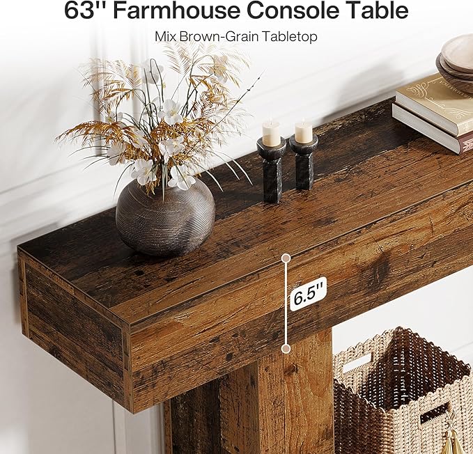 Tribesigns 63" Console Table, Farmhouse 2-Tier Entryway Table with U-Shaped Base, Narrow Long Wood Sofa Table Behind Couch Table for Living Room, Hallway, Foyer, Mix Brown