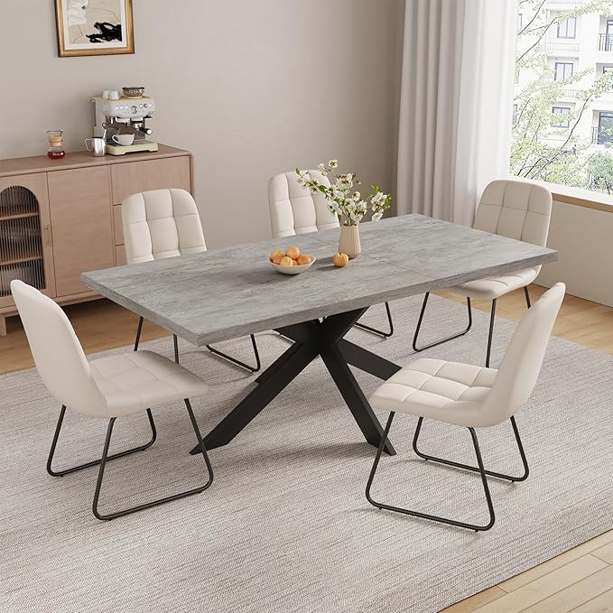 ZckyCine 6-8 Person Modern Rectangular Dining Table Set with 6 Chairs, Expandable Kitchen Table (51 to 63 Inches), Space-Saving Design, Metal Frame, Gray Tabletop & White PU Leather Chairs