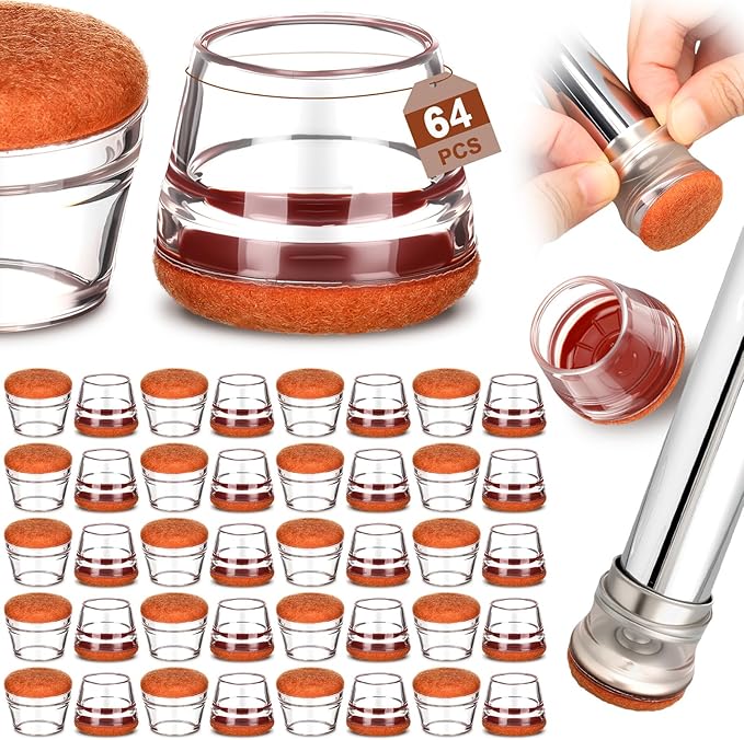 Chunful 64 Pcs Chair Leg Floor Protectors TPE Classroom Chairs & Desks Leg Covers with Quiet Felt Sliders Prevent Floor Scuffs & Scratches Desks Foot Caps Pads Teacher Classroom Supplies (Brown)