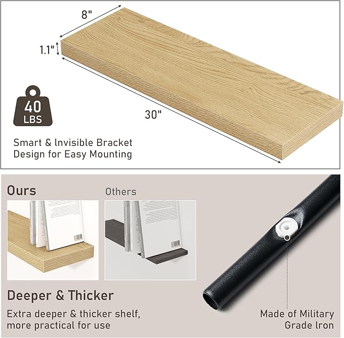 Fun Memories Floating Shelves - 2 Pack 30 Inch Long Rustic Wooden Wall Shelves - 8 Inch Deep Wall Mounted Storage Shelf with Invisible Heavy-Duty Brackets for Books, Bathroom, Kitchen - Oak