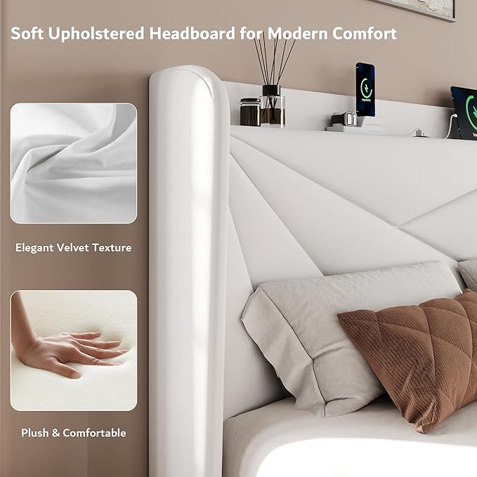 iPormis Queen Size Bed Frame with Charging Station, Velvet Platform Bed Frame with Wingback Upholstered Headboard, Solid Wood Slats Support, No Box Spring Needed, Easy Assembly, White