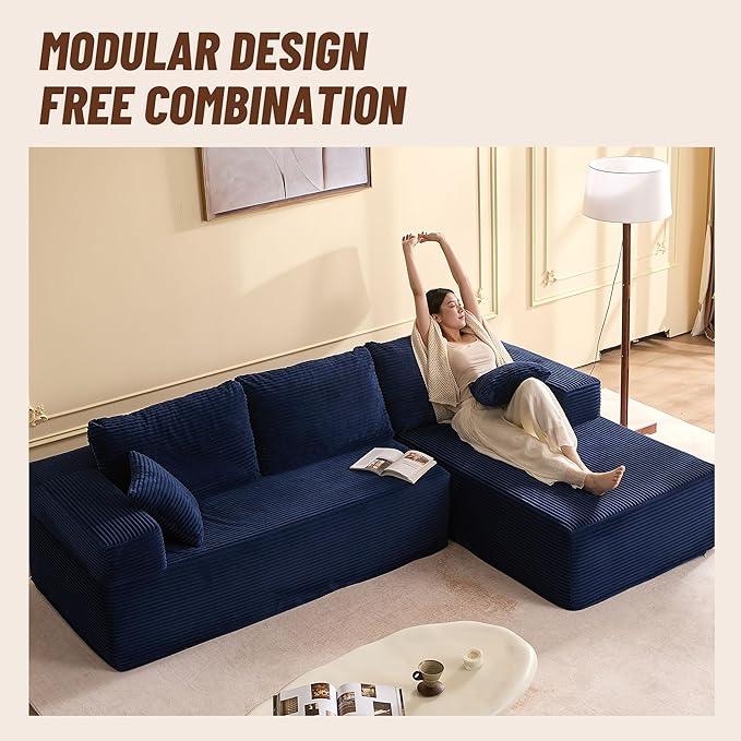107" Boneless Couch with Deep Seat, Modular Sectional Sofa, Cloud Sectional Couch for Living Room, No Assembly Required, Corduroy, L-Shape Right?Blue