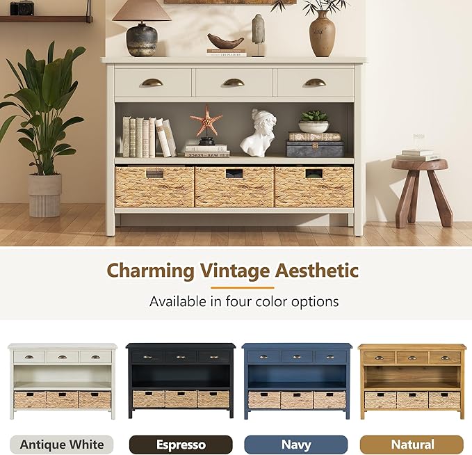 GDFStudio 47" Retro Console Table with 3 Drawers & Water Hyacinth Baskets, Wooden Entryway Buffet Table with Lower Shelf, Vintage Side Board Storage Cabinet for Entryway Living Room, Antique White