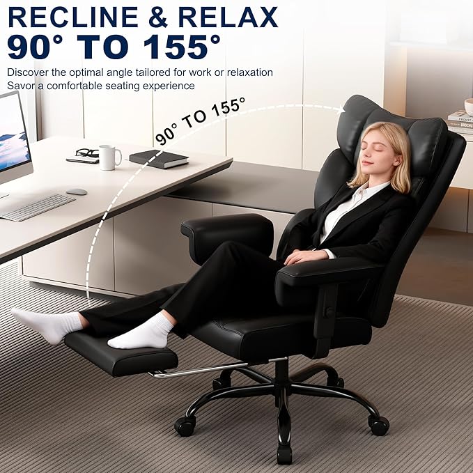 Misolant Big and Tall Office Chair with Footrest, High Back Executive Desk Chair with Adjustable Lift Armrest, 155°Recline，Lumbar Support Pillow, Faux Leather Gaming Chairs for Home or Office Black