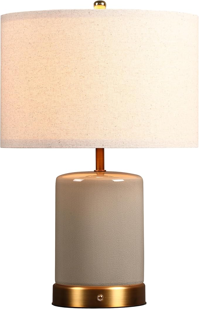 O’Bright Dune - Battery Powered Table Lamp, Rechargeable Cordless Ceramic Lamp, Full-Size 19.5 Inch Height, Dimmable, Smart Safety Protection, Type-C Fast Charging, LED Bulb Included, Stone Grey