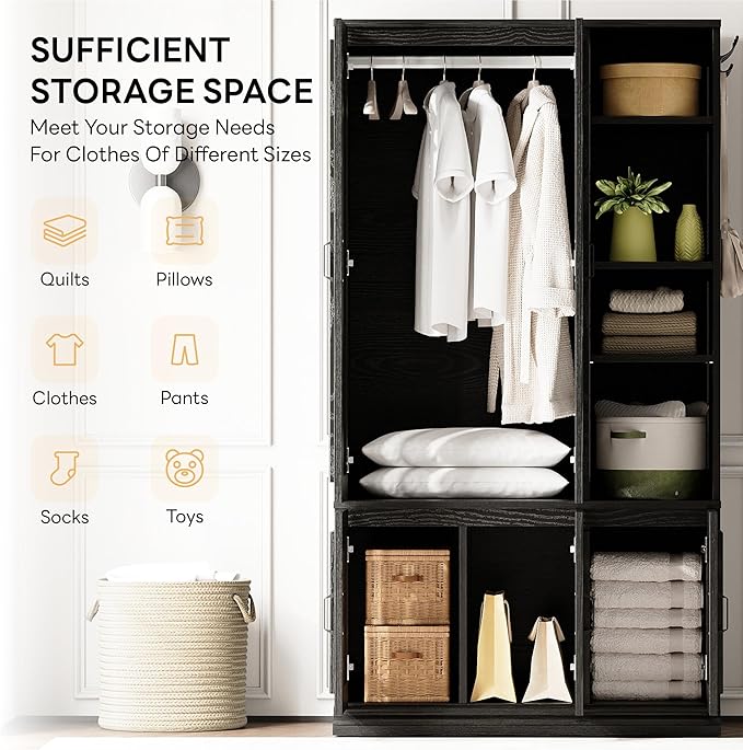 LIKIMIO Armoire Wardrobe Closet 70" H, 5 Doors Bedroom Wooden Wardrobe with 4 Storage Shelves and Hanging Rod, Clothing Storage Cabinet Organizer Combination, Black