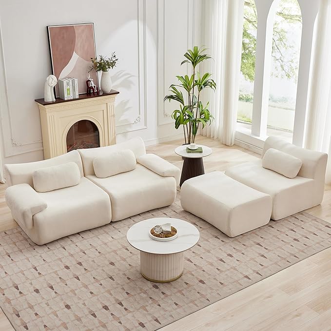 117”L Shaped Modern Sofa Modular Sectional Cloud Couch with Ottoman,Oversized Boneless Sofa,3+1 Seater Chenille Deep-Seat Sofa with 3 Pillows,Suitable for Living Room or Bedroom(White)