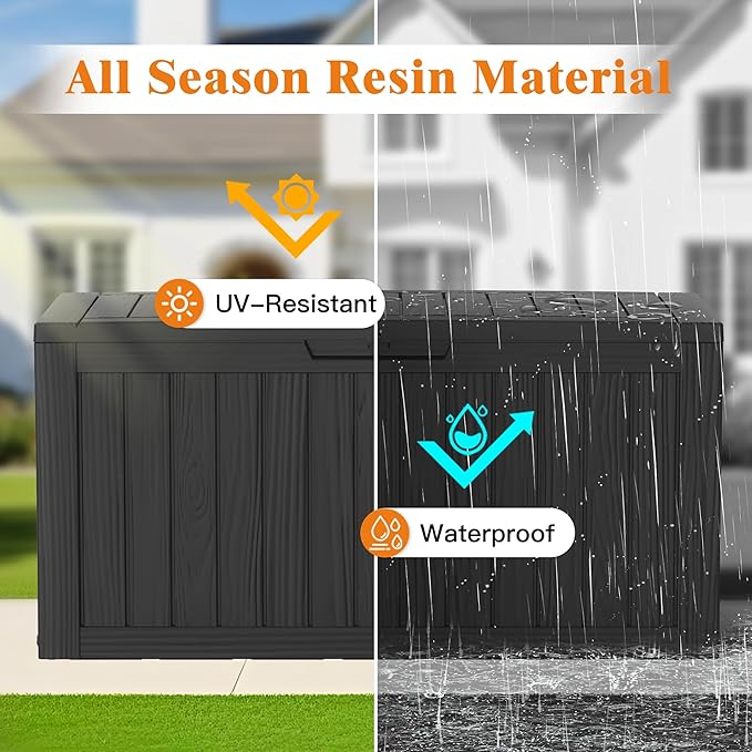 72 Gallon Outdoor Storage Box, Waterproof Deck Box with Handles and Lockable Lid, Resin Patio Storage Box with Hydraulic Rods for Garden Tools, Cushions, Black