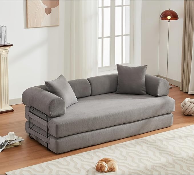 Convertible Sleeper Sofa Bed with Cylindrical Pillow, Corduroy Folding Mattress Couch with Fixed-Shape Frame, Floor Sofa Lounge Couch for Living Room Bedroom Lounge Studio-Grey