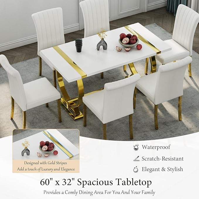 Asday Modern Dining Table with Gold Stainless Steel Metal U-Base in White Gold