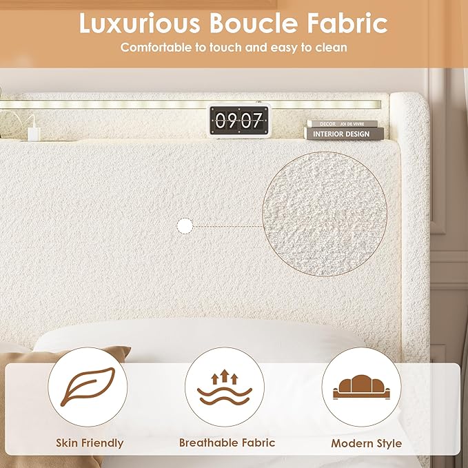 Full LED Bed Frame with 4 Storage Drawers and Storage Headboard, Soft Boucle Upholstered Platform Bed Frame with Charging Station and USB Ports, Solid Wood Slats Support, No Box Spring Needed, Cream