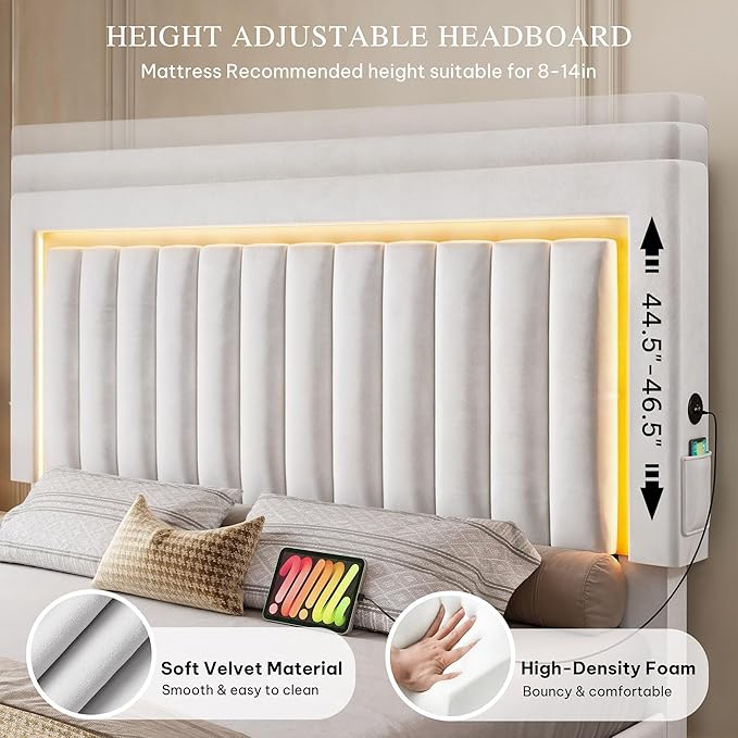 DWVO Queen Size Bed Frame with Adjustable Headboard, 4 Storage Drawers and RGB LED Lights, Velvet Upholstered Platform Bed with USB Ports, No Box Spring Needed, Fast Assembly, Noise-Free, White
