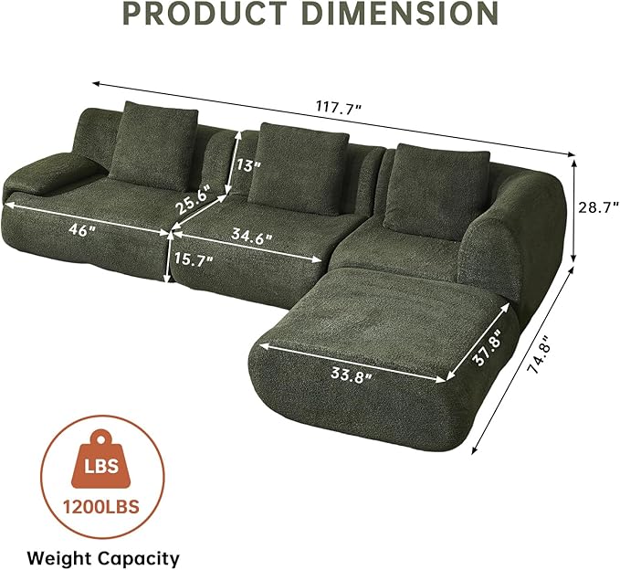 118" Modular Sectional Sofa with Movable Ottoman, 3-Seater Modern Teddy Velvet L-Shaped Couch, Convertible Cloud Sofa for Living Room, Sectional Boneless Couch