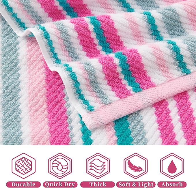 VOOVA & MOVAS Pink Soft Washcloths Set (6PC, 100% Cotton), Wash Cloth 13" x13, Striped Absorbent Washcloths Set for Bathroom & Guest, Luxury Wash Cloths Gift Set, Pink and Aqua Stripe