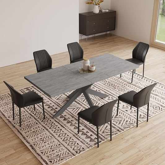 ZckyCine 6-8 Person Modern Rectangular Dining Table Set, 51-67 Inch Expandable Space-Saving Metal Frame Dining Table with Gray Table and 6 Black Chairs for Kitchen or Dining Room