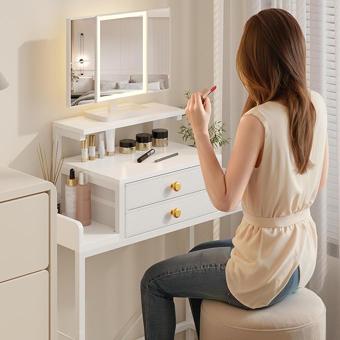 Vanity Desk with Mirror and Lights, 28.4''W Small Makeup Vanity Table with Height-Adjustable Stand, 2 Fabric Drawers Compact Makeup Desk, Gift for Girls, Bedroom Small Space, White