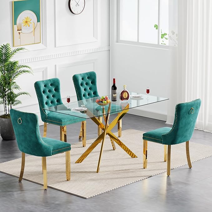 Goujxcy Glass Dining Table Set for 4, Modern Kitchen Table and Chairs Set of 4, 5-Piece Kitchen Dining Room Table Set w/61 Glass Gold Dining Table and 4 Green Velvet Upholstered Chairs