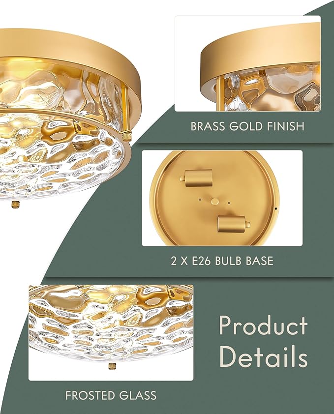 12" Flush Mount Ceiling Light, Farmhouse Style, Hammered Glass,Brass Gold, for Living Room, Bedroom, Dining – CKCL4822-2W-HGBB