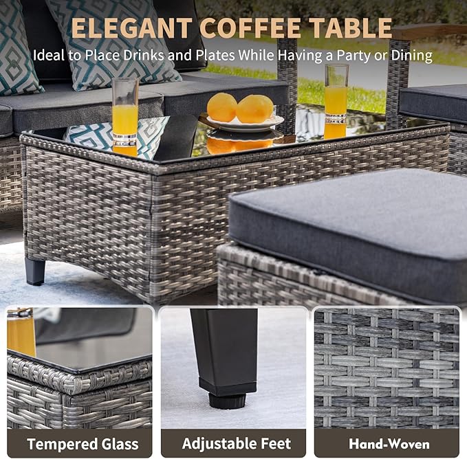 MEISSALIVVE 9 Pieces Outdoor Patio Furniture Sets,PE Wicker Patio Conversation Sets with 4 Wood Armrests Swivel Rocker Chairs，2 Ottoman and Coffee Table(Grey)