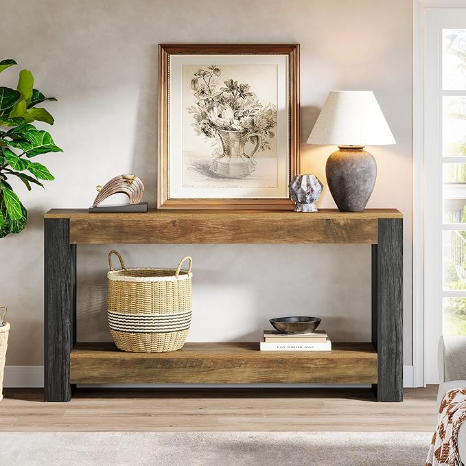 Tribesigns 63-Inch Long Console Table for Entryway, Farmhouse Wood Sofa Table Behind Couch for Living Room, Hallway, Entrance, Foyer, Rustic Brown & Black