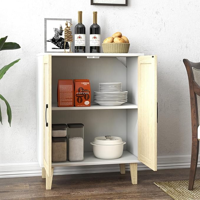 Panana Buffet Cabinet Sideboard with Rattan Decorated Doors Kitchen Storage Cupboard Accent Cabinet (White)