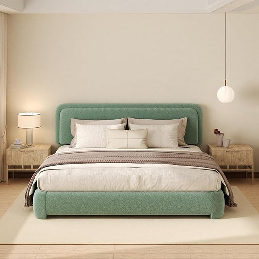 King Boucle Platform Bed Frame with Height Adjustable Headboard, Modern Upholstered Cloud Bed, Sleek Curved Design, No Box Spring Needed, Easy Assembly, Noise Free, Green