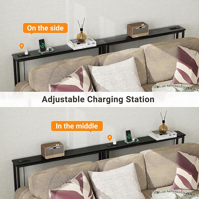 ELYKEN 5.9" Narrow Console Sofa Table with Power Outlets, Total 39.4” Long Behind Couch Table with Charge Station and 5.9’ Extension Cord for Living Room, 5.9" D x 39.4”W x 29.5”H, Black