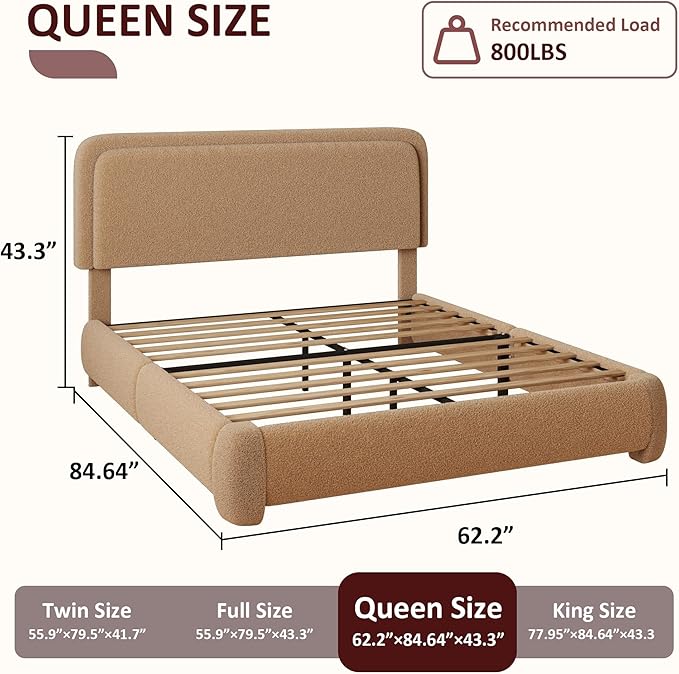Queen Boucle Platform Bed Frame with Height Adjustable Headboard, Modern Upholstered Cloud Bed, Sleek Curved Design, No Box Spring Needed, Easy Assembly, Noise Free, Camel