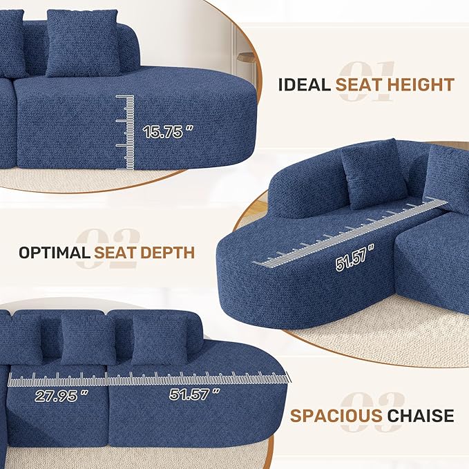 114 Inch Boneless Couches for Living Room,Modern Modular Sectional Sofa with Chaise,L-Shape Cloud Sectional Couch,No Assembly Required,Dark Blue